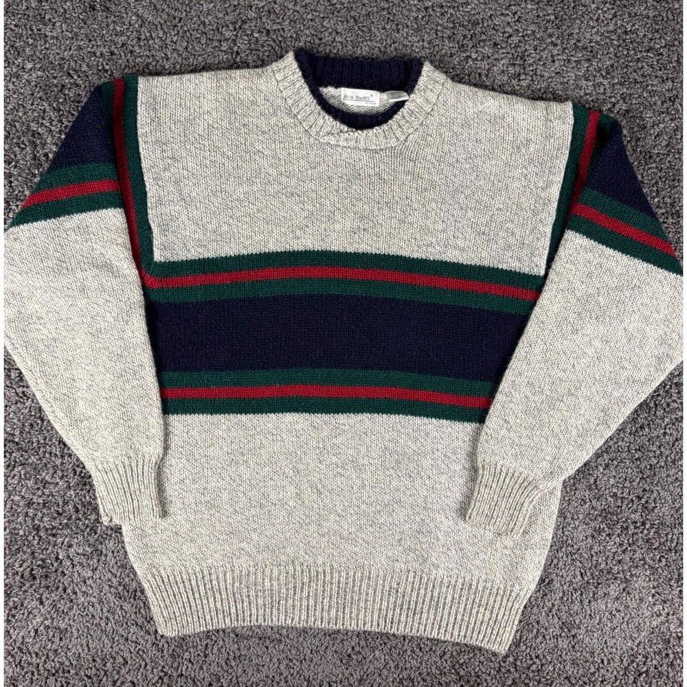 Vintage Brian MacNeil Wool Blend Striped Crew Neck Sweater Mens XL Grey Navy